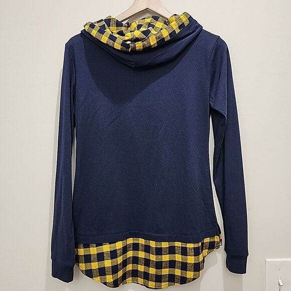 DJT Women's New Plaid Trim Hoodie‎ Size Medium Long Sleeve Pullover Navy Yellow - Picture 5 of 6